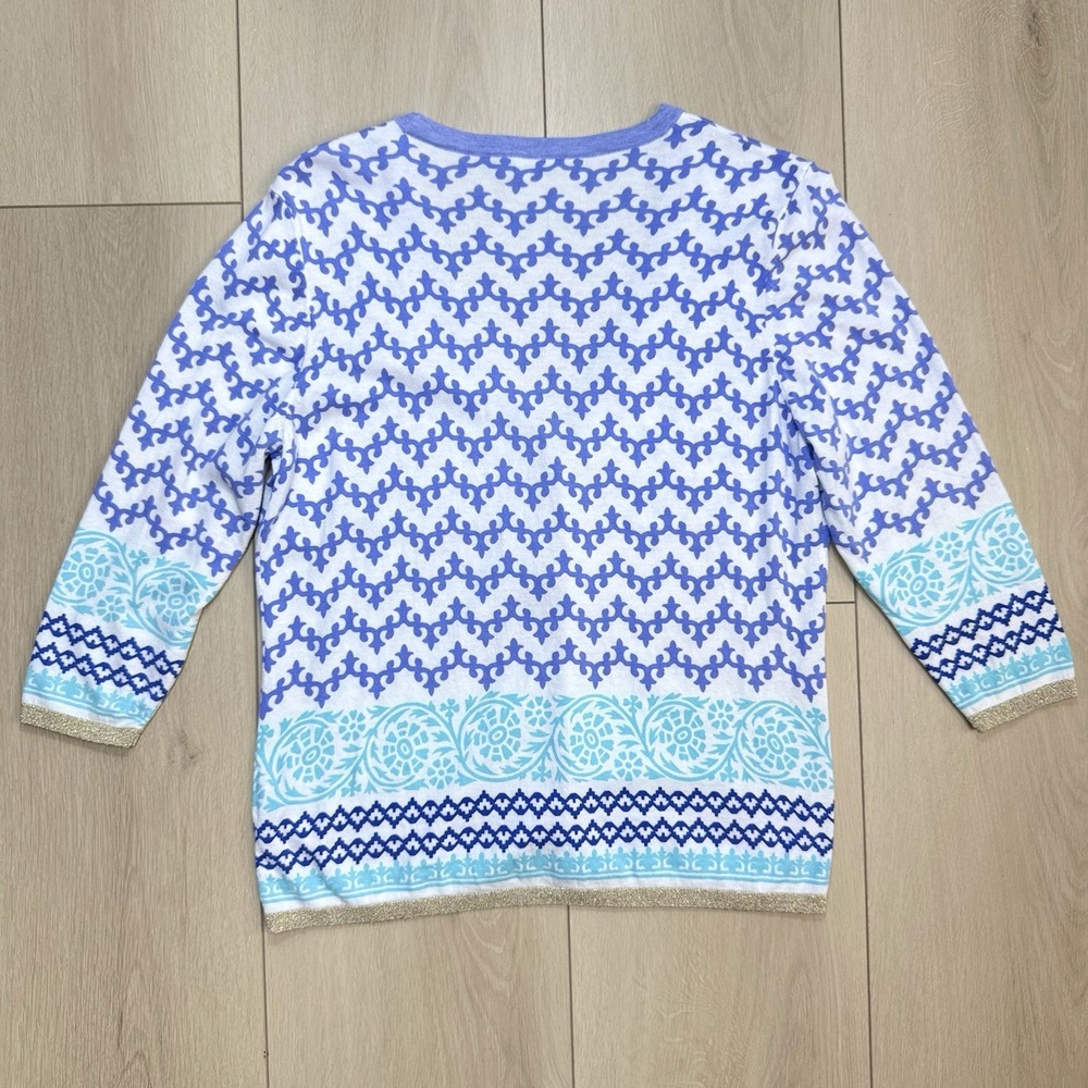 J McLaughlin Cardigan Womens L Blue White Print Button Front Knit 3/4 Sleeve Top - Picture 4 of 6